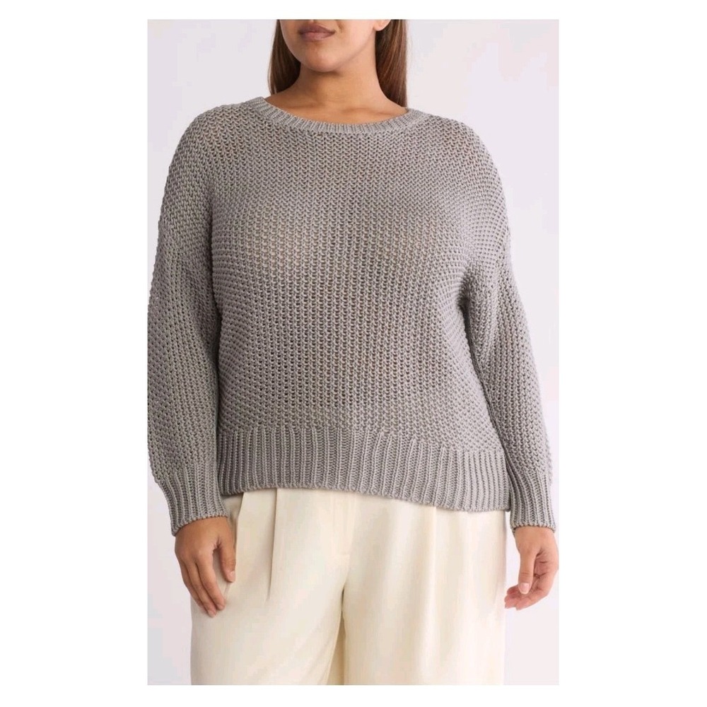 Eileen Fisher Sweater 1X Gray Open Knit Organic Cotton Boxy Minimalist NWT $348